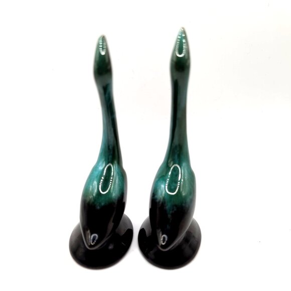 Set of 2 Vintage Blue Mountain Pottery BMP 4" Cranes Teal/Blk Drip Glaze EUC - Picture 4 of 6